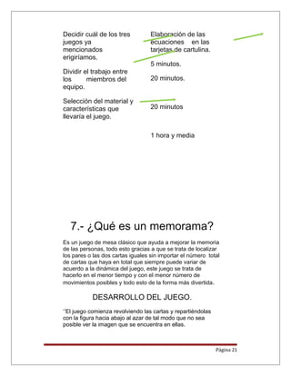 Decidir cuál de los tres
juegos ya
mencionados
erigiríamos.
Dividir el trabajo entre
los miembros del
equipo.
Selección del material y
características que
llevaría el juego.
Elaboración de las
ecuaciones en las
tarjetas de cartulina.
5 minutos.
20 minutos.
20 minutos
1 hora y media
7.- ¿Qué es un memorama?
Es un juego de mesa clásico que ayuda a mejorar la memoria
de las personas, todo esto gracias a que se trata de localizar
los pares o las dos cartas iguales sin importar el número total
de cartas que haya en total que siempre puede variar de
acuerdo a la dinámica del juego, este juego se trata de
hacerlo en el menor tiempo y con el menor número de
movimientos posibles y todo esto de la forma más divertida.
DESARROLLO DEL JUEGO.
‘’El juego comienza revolviendo las cartas y repartiéndolas
con la figura hacia abajo al azar de tal modo que no sea
posible ver la imagen que se encuentra en ellas.
Página 21
 