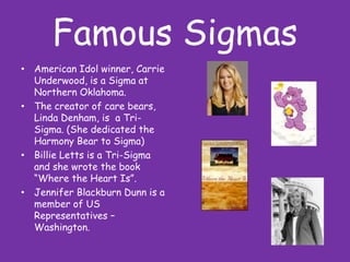 Famous SigmasAmerican Idol winner, Carrie Underwood, is a Sigma at Northern Oklahoma.The creator of care bears, Linda Denham, is  a Tri-Sigma. (She dedicated the Harmony Bear to Sigma) Billie Letts is a Tri-Sigma and she wrote the book “Where the Heart Is”. Jennifer Blackburn Dunn is a member of US Representatives – Washington. 