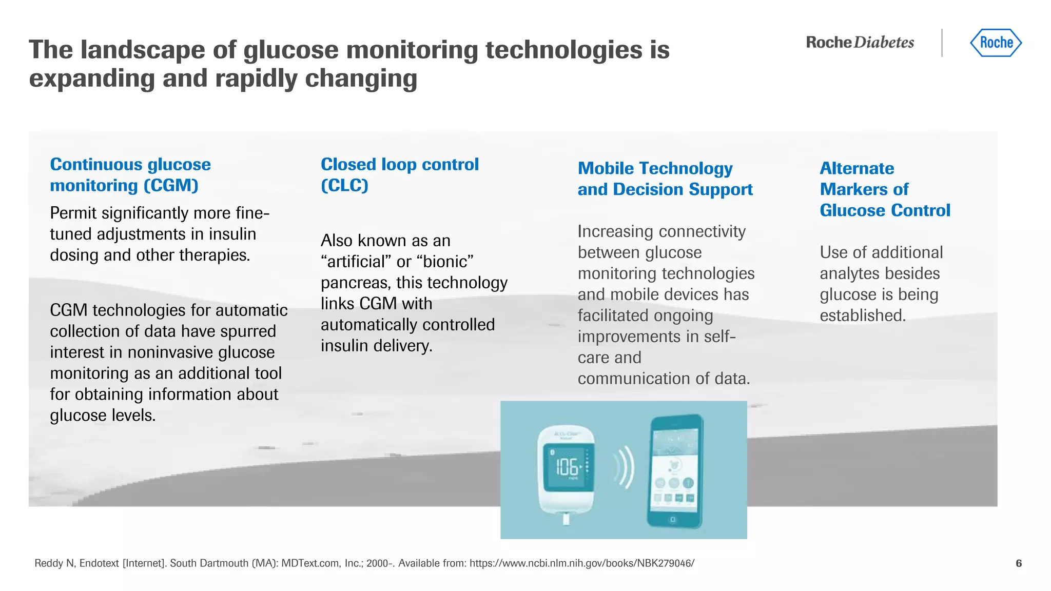 6
The landscape of glucose monitoring technologies is
expanding and rapidly changing
Continuous glucose
monitoring (CGM)
Permit significantly more fine-
tuned adjustments in insulin
dosing and other therapies.
CGM technologies for automatic
collection of data have spurred
interest in noninvasive glucose
monitoring as an additional tool
for obtaining information about
glucose levels.
Closed loop control
(CLC)
Also known as an
“artificial” or “bionic”
pancreas, this technology
links CGM with
automatically controlled
insulin delivery.
Mobile Technology
and Decision Support
Increasing connectivity
between glucose
monitoring technologies
and mobile devices has
facilitated ongoing
improvements in self-
care and
communication of data.
Alternate
Markers of
Glucose Control
Use of additional
analytes besides
glucose is being
established.
Reddy N, Endotext [Internet]. South Dartmouth (MA): MDText.com, Inc.; 2000-. Available from: https://www.ncbi.nlm.nih.gov/books/NBK279046/
 