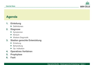 1. Einleitung
► Definitionen
2. Diagnose
► Symptomen
► Klinisch
► Weitere Diagnostik
3. Stadien gerechte Entwicklung
► Einteilung
► Behandlung
► Op- Indikation
4. Operatives Verfahren
5. Prophylaxe
6. Fazit
Agenda
Sigmadivertikulitis - Stadiengerechte Entwicklung Seite 3
 