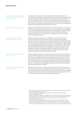 8  Swiss Re sigma No 2 /2015
Regional overview
In August, a slow-moving low pressure system delivered rainfall in excess of  
12.7 cm/5 inches, resulting in widespread flooding in several cities across Michigan,
with the metro Detroit area worst affected. Flooding also occurred in Maryland 
and Long Island, New York, as part of the same weather system. In Islip, NY, a new
24-hour rainfall record was set. The preliminary estimate for the total damage was  
USD 1.6 billion, with approximately one third insured. A month later, on 8 September
Phoenix, Arizona experienced its rainiest day on record.3
The western US, however, had very little rain. California had its driest year on record
in 2014. Following two consecutive dry years, a state of emergency was declared in
January and state officials took all necessary actions to prepare for water shortages.
As of late September, the US Drought Monitor classified 58% of California as
experiencing “exceptional” drought, the worst category, with more than 80% in
“extreme” drought conditions.4
California is a major producer of fruit, vegetables, nuts and dairy products. Its
extensive system of water infrastructure and groundwater pumping helped
counteract the water shortages. Even so, agriculture suffered an estimated total loss
of USD 1.5 billion out of overall economic losses of USD 2.2 billion.5 Private insured
losses were limited by farmers’ increasing reliance on the federal insurance program
after the passage of the Federal Crop Insurance Act of 1980 and after 1995, when
the catastrophic (CAT) option became available for specialty crops such as fruits,
vegetables and tree nuts. Drought conditions still lingered in early 2015 and are
expected to continue. As groundwater depletion is likely to increase the cost of
irrigation, agriculture losses are expected to rise further.
The 2014 Atlantic hurricane season produced eight named storms (13 in 2013), six
of which became hurricanes (two in 2013). Two were major hurricanes (Category 3
or stronger on the Saffir-Simpson scale; there were none in 2013). Only Hurricane
Arthur, the first named storm of the season, made US landfall last year. It was also
the first Category 2 hurricane since Ike in 2008, according to the National Weather
Service.6 It caused power outages and limited flooding and damage. Last year was
the ninth in succession (ie, since 2005) that no major hurricane made US landfall,7
the longest stretch since the 1860s.
Overall in terms of numbers, collective strength and duration of named storms and
hurricanes, 2014 ranks as the 10th-least active Atlantic hurricane season on record
since 1950. According to the Climate Prediction Centre of the NOAA, the combination
of stable atmospheric conditions and high wind shear in the large parts of the main
hurricane generation region curbed the development of storms.
3	 Record-breaking rain in Arizona, NOAA,10 September 2014, http://www.climate.gov/news-features/
event-tracker/record-breaking-rain-arizona
4	 R. Heim, California, US Drought Monitor, 20 September 2014, http://droughtmonitor.unl.edu/
MapsAndData/MapArchive.aspx
5	 R. Howitt, Josué Medellin-Azuara, Duncan MacEwan et al., Economic Analysis of the 2014 Drought for
California Agriculture, Center for Watershed Sciences, University of California, UC Agricultural Issues
Center and ERC Economics, 23 July 2014, p 10, https://watershed.ucdavis.edu/files/biblio/
DroughtReport_23July2014_0.pdf
6	 Hurricane Arthur, National Weather Service, 3–4 July 2014, http://www.weather.gov/mhx/Arthur
7	 Hurricane Sandy in 2012 produced the third-biggest loss ever from a storm event, but being rated
Category 1 on the Saffir-Simpson scale, it is not considered a “major” hurricane. The damage wreaked
was because of Sandy’s very large size, which drove a strong storm surge into the affected areas on land.
Heavy rainfall triggered severe flooding
in parts of Northeast, and Arizona had its
rainiest day on record.
However, California had its driest year
ever …
… leading to an estimated total loss of
USD 2.2 billion, mainly in agriculture.
The North Atlantic hurricane season was
very quiet in 2014.
Stable weather conditions limited the
formation of storms.
 