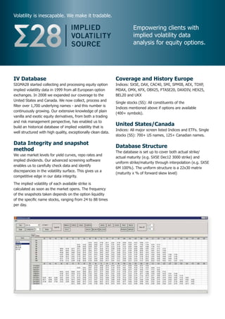 Volatility is inescapable. We make it tradable.

                                                                         Empowering clients with
                                                                         implied volatility data
                                                                         analysis for equity options.




IV Database                                                    Coverage and History Europe
SIGMA28 started collecting and processing equity option        Indices: SX5E, DAX, CAC40, SMI, SPMIB, AEX, TDXP,
implied volatility data in 1999 from all European option       MDAX, OMX, KFX, OBX25, FTASE20, DAXDIV, HEX25,
exchanges. In 2008 we expanded our coverage to the             BEL20 and UKX
United States and Canada. We now collect, process and
                                                               Single stocks (SS): All constituents of the
filter over 1,700 underlying names - and this number is
                                                               Indices mentioned above if options are available
continuously growing. Our extensive knowledge of plain
                                                               (400+ symbols).
vanilla and exotic equity derivatives, from both a trading
and risk management perspective, has enabled us to
build an historical database of implied volatility that is
                                                               United States/Canada
                                                               Indices: All major screen listed Indices and ETFs. Single
well structured with high quality, exceptionally clean data.
                                                               stocks (SS): 700+ US names, 125+ Canadian names.

Data Integrity and snapshot
                                                               Database Structure
method                                                         The database is set up to cover both actual strike/
We use market levels for yield curves, repo rates and
                                                               actual maturity (e.g. SX5E Dec12 3000 strike) and
implied dividends. Our advanced screening software
                                                               uniform strike/maturity through interpolation (e.g. SX5E
enables us to carefully check data and identify
                                                               6M 100%). The uniform structure is a 22x30 matrix
discrepancies in the volatility surface. This gives us a
                                                               (maturity x % of forward skew level)
competitive edge in our data integrity.
The implied volatility of each available strike is
calcula­ed as soon as the market opens. The frequency
       t
of the snapshots taken depends on the option liquidity
of the specific name stocks, ranging from 24 to 88 times
per day.
 