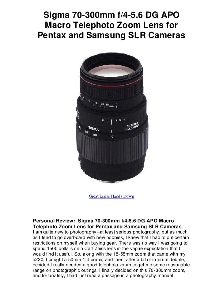 Sigma 70 300mm F4 56 Dg Apo Macro Telephoto Zoom Lens For Pentax And