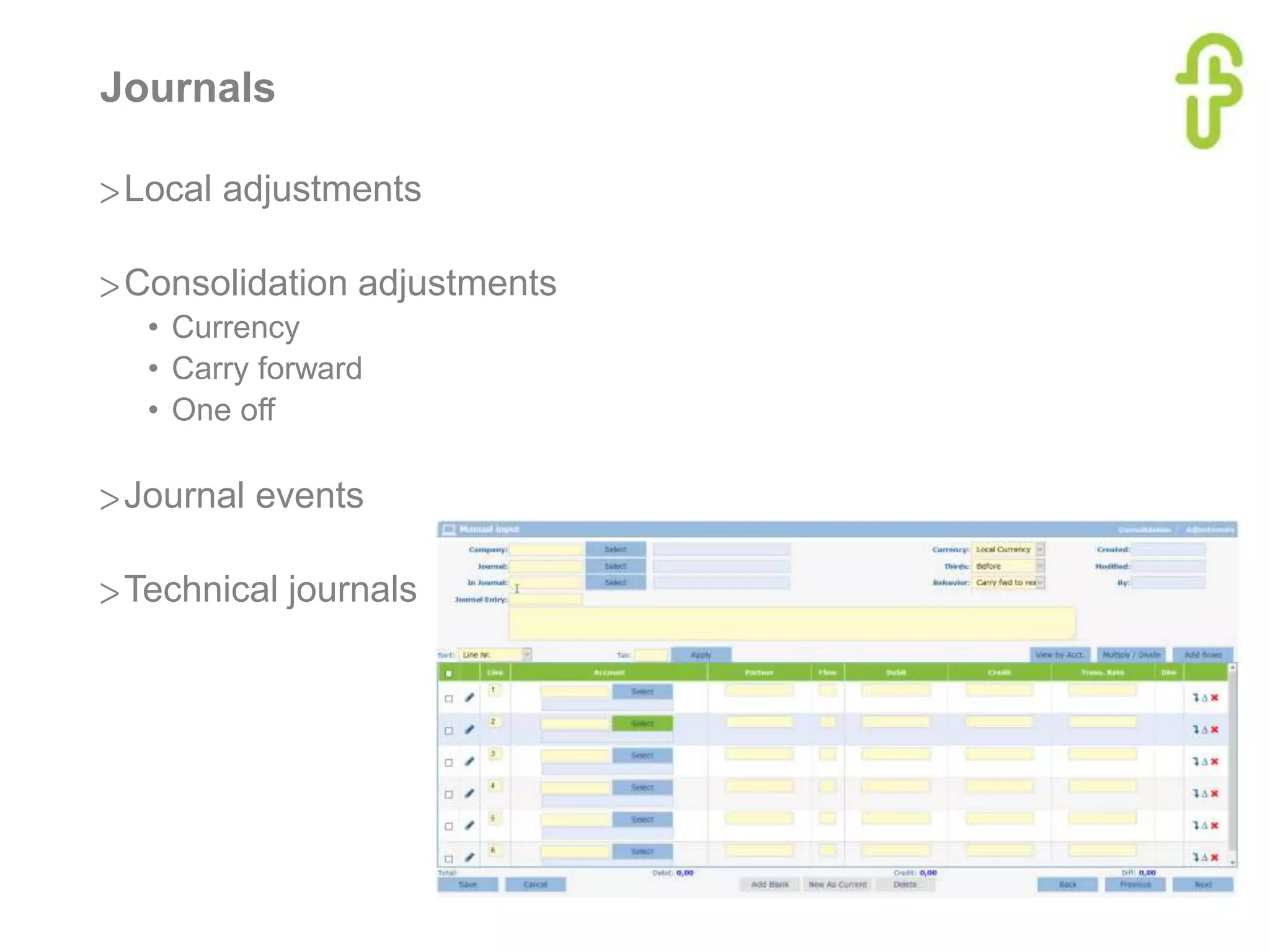 Journals
>Local adjustments
>Consolidation adjustments
• Currency
• Carry forward
• One off
>Journal events
>Technical journals
 