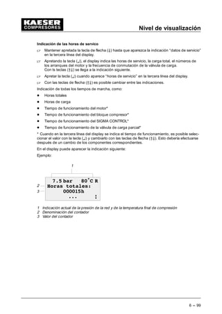 Nivel de visualización
6 --- 91
Indicación de los datos de estado
 Mantener apretada la tecla de flecha ÆÄ) hasta que aparezca la indicación “estado” en la ter-
cera línea del display.
Aparecen otras 3 indicaciones:
- Mensajes
- Estadística
- Imprimir
6.1.1 Mensajes
 Activar el menú “Mensajes” apretando la tecla (¤) cuando aparezca en la tercera línea del
display “Mensajes”.
El submenú seleccionado se divide en los puntos siguientes:
- Mensaje histórico
Se pueden indicar los últimos cien eventos. Entre ellos cuentan los mensajes de averías y
avisos.
- Último mensaje de avería
indica el momento en el cual se ha recibido la última avería y el número correspondiente.
- último aviso
indica el momento en el cual se ha recibido el último aviso de avería y el número correspon-
diente.
- Número de los mensajes existentes de avería y avisos
- Llamada de todos los mensajes actuales
Este menú indica todos los mensajes de avería y avisos y esmuy útil para la
localización de averías.
También es posible llamar este menú a través de la tecla “i”.
En el display puede aparecer la indicación siguiente:
Ejemplo:
~OWLPR DYLVR
$ H 

3URWYiOYVHJ
1
4
5
6
2
3
1 Tipo de la visualización presente
2 Tipo de mensaje A Aviso
A Aviso
3 Estado del mensaje e Mensaje entrado
s Mensaje salido
a Mensaje aceptado
4 Hora a la cual se verifica el mensaje de aviso o avería
5 Día en que se verifica el mensaje de avería o de aviso
6 Mensaje existente de avería o de aviso
Aviso
 