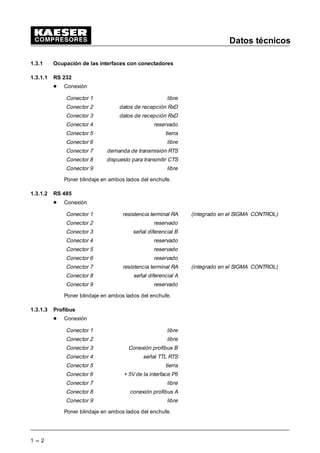 Datos técnicos
1 --- 2
1.3.1 Ocupación de las interfaces con conectadores
1.3.1.1 RS 232
- Conexión
Conector 1 libre
Conector 2 datos de recepción RxD
Conector 3 datos de recepción RxD
Conector 4 reservado
Conector 5 tierra
Conector 6 libre
Conector 7 demanda de transmisión RTS
Conector 8 dispuesto para transmitir CTS
Conector 9 libre
Poner blindaje en ambos lados del enchufe.
1.3.1.2 RS 485
- Conexión
Conector 1 resistencia terminal RA (integrado en el SIGMA CONTROL)
Conector 2 reservado
Conector 3 señal diferencial B
Conector 4 reservado
Conector 5 reservado
Conector 6 reservado
Conector 7 resistencia terminal RA (integrado en el SIGMA CONTROL)
Conector 8 señal diferencial A
Conector 9 reservado
Poner blindaje en ambos lados del enchufe.
1.3.1.3 Profibus
- Conexión
Conector 1 libre
Conector 2 libre
Conector 3 Conexión profibus B
Conector 4 señal TTL RTS
Conector 5 tierra
Conector 6 + 5V de la interface P5
Conector 7 libre
Conector 8 conexión profibus A
Conector 9 libre
Poner blindaje en ambos lados del enchufe.
 