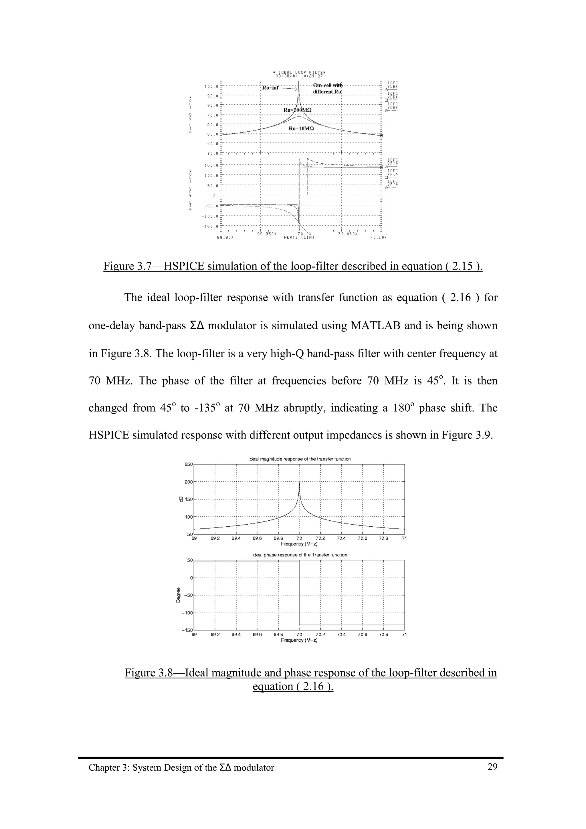 Figure 3.7—HSPICE simulation of the loop-filter described in equation ( 2.15 ).

        The ideal loop-filter response with transfer function as equation ( 2.16 ) for

one-delay band-pass Σ∆ modulator is simulated using MATLAB and is being shown

in Figure 3.8. The loop-filter is a very high-Q band-pass filter with center frequency at

70 MHz. The phase of the filter at frequencies before 70 MHz is 45o. It is then

changed from 45o to -135o at 70 MHz abruptly, indicating a 180o phase shift. The

HSPICE simulated response with different output impedances is shown in Figure 3.9.




        Figure 3.8—Ideal magnitude and phase response of the loop-filter described in
                                equation ( 2.16 ).




Chapter 3: System Design of the Σ∆ modulator                                          29
 