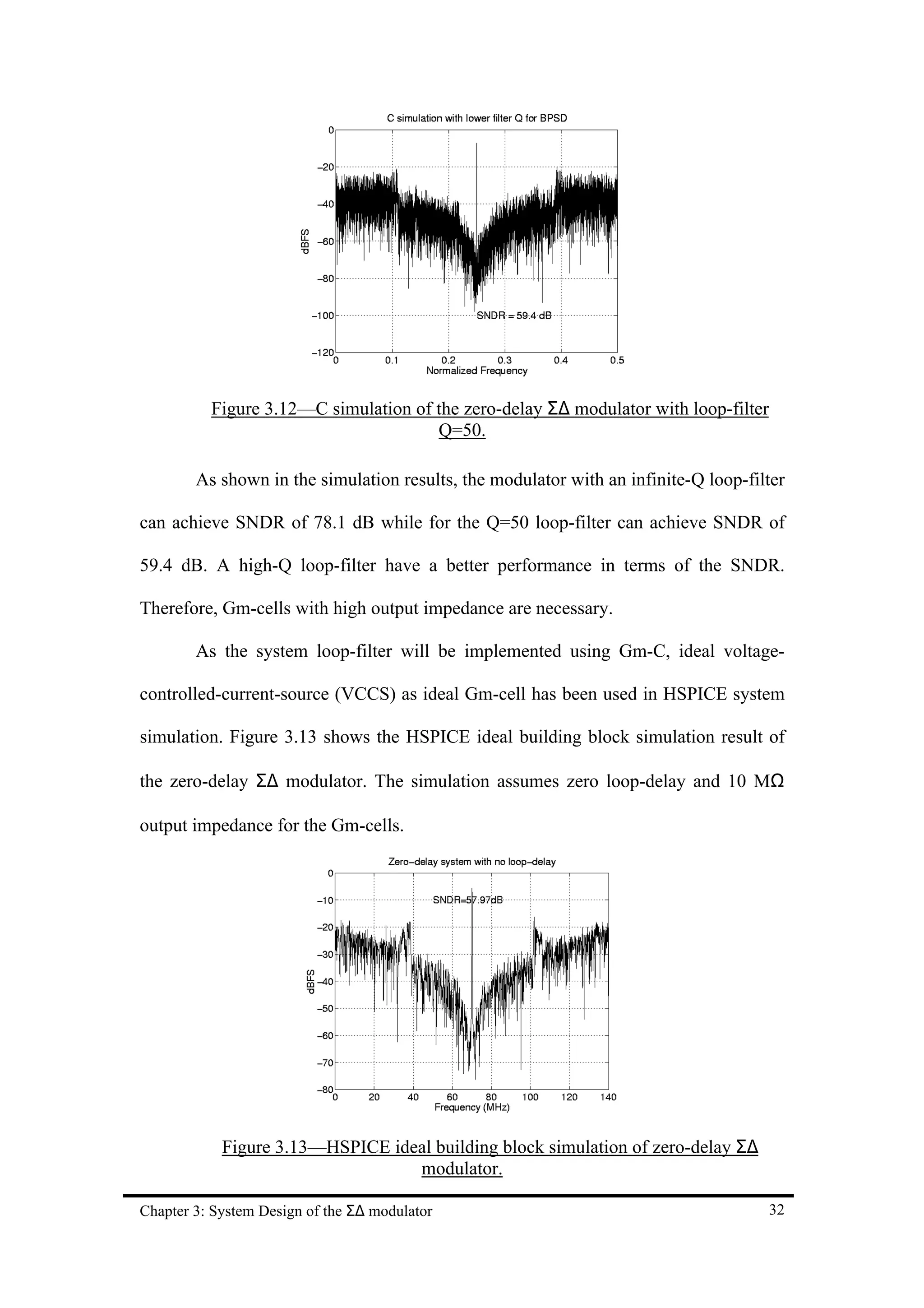 Figure 3.12—C simulation of the zero-delay Σ∆ modulator with loop-filter
                                      Q=50.

        As shown in the simulation results, the modulator with an infinite-Q loop-filter

can achieve SNDR of 78.1 dB while for the Q=50 loop-filter can achieve SNDR of

59.4 dB. A high-Q loop-filter have a better performance in terms of the SNDR.

Therefore, Gm-cells with high output impedance are necessary.

        As the system loop-filter will be implemented using Gm-C, ideal voltage-

controlled-current-source (VCCS) as ideal Gm-cell has been used in HSPICE system

simulation. Figure 3.13 shows the HSPICE ideal building block simulation result of

the zero-delay Σ∆ modulator. The simulation assumes zero loop-delay and 10 MΩ

output impedance for the Gm-cells.




            Figure 3.13—HSPICE ideal building block simulation of zero-delay Σ∆
                                  modulator.

Chapter 3: System Design of the Σ∆ modulator                                         32
 