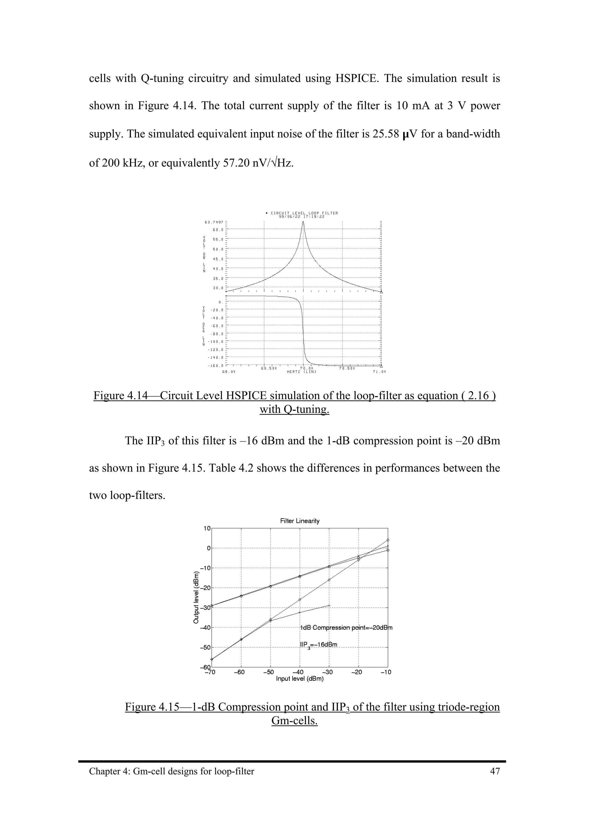 cells with Q-tuning circuitry and simulated using HSPICE. The simulation result is

shown in Figure 4.14. The total current supply of the filter is 10 mA at 3 V power

supply. The simulated equivalent input noise of the filter is 25.58 µV for a band-width

of 200 kHz, or equivalently 57.20 nV/√Hz.




 Figure 4.14—Circuit Level HSPICE simulation of the loop-filter as equation ( 2.16 )
                                with Q-tuning.

         The IIP3 of this filter is –16 dBm and the 1-dB compression point is –20 dBm

as shown in Figure 4.15. Table 4.2 shows the differences in performances between the

two loop-filters.




         Figure 4.15—1-dB Compression point and IIP3 of the filter using triode-region
                                   Gm-cells.



Chapter 4: Gm-cell designs for loop-filter                                          47
 
