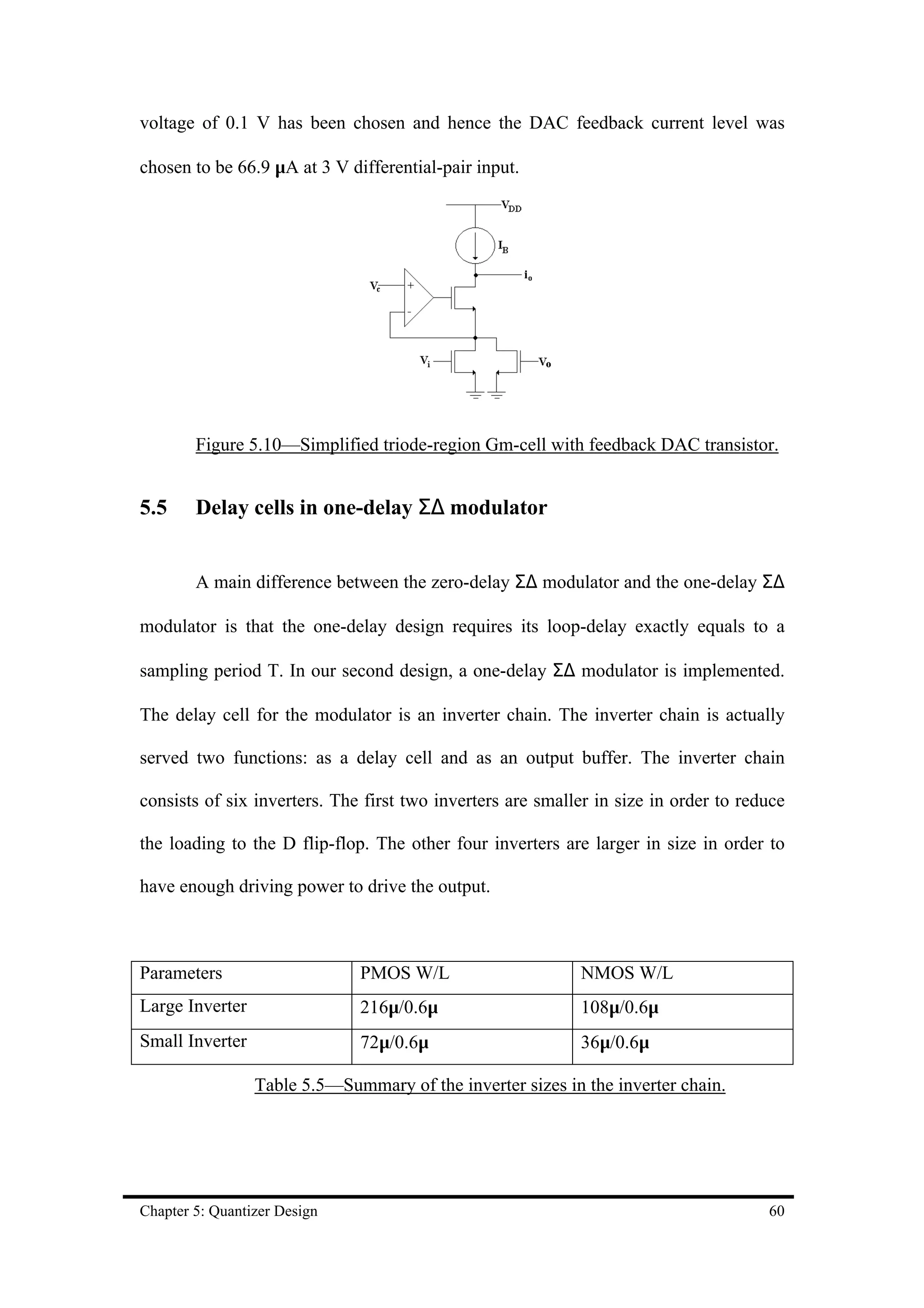 voltage of 0.1 V has been chosen and hence the DAC feedback current level was

chosen to be 66.9 µA at 3 V differential-pair input.




        Figure 5.10—Simplified triode-region Gm-cell with feedback DAC transistor.


5.5     Delay cells in one-delay Σ∆ modulator


        A main difference between the zero-delay Σ∆ modulator and the one-delay Σ∆

modulator is that the one-delay design requires its loop-delay exactly equals to a

sampling period T. In our second design, a one-delay Σ∆ modulator is implemented.

The delay cell for the modulator is an inverter chain. The inverter chain is actually

served two functions: as a delay cell and as an output buffer. The inverter chain

consists of six inverters. The first two inverters are smaller in size in order to reduce

the loading to the D flip-flop. The other four inverters are larger in size in order to

have enough driving power to drive the output.



Parameters                    PMOS W/L                      NMOS W/L
Large Inverter                216µ/0.6µ                     108µ/0.6µ
Small Inverter                72µ/0.6µ                      36µ/0.6µ

                 Table 5.5—Summary of the inverter sizes in the inverter chain.




Chapter 5: Quantizer Design                                                           60
 
