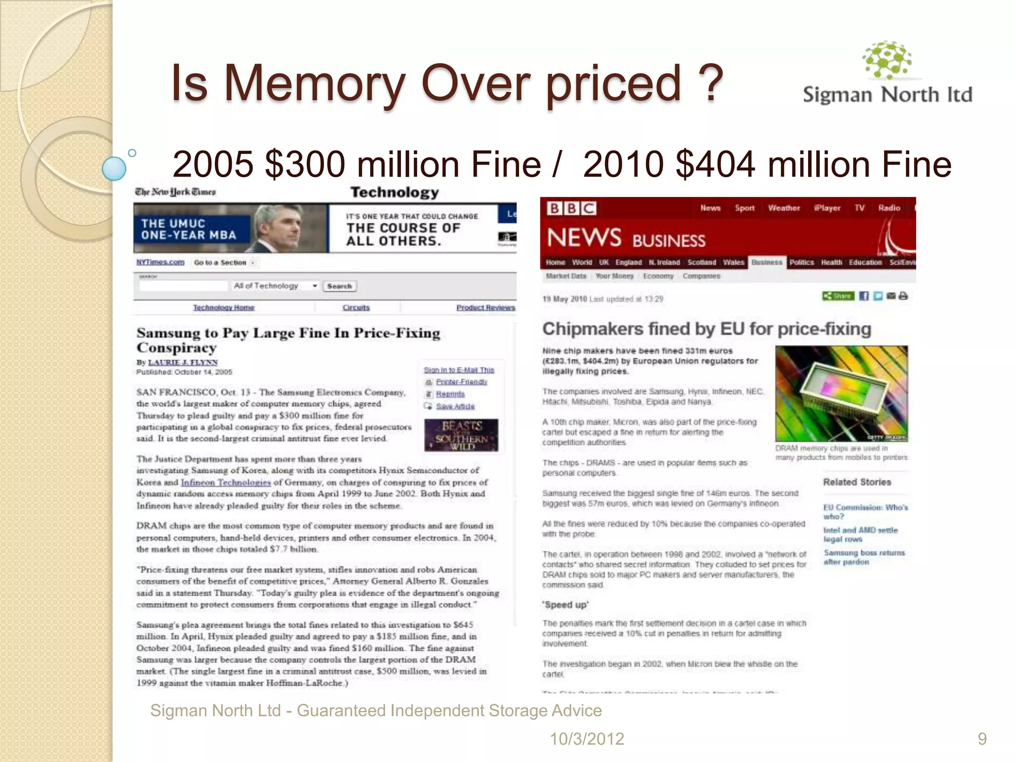 Is Memory Over priced ?
  2005 $300 million Fine / 2010 $404 million Fine




Sigman North Ltd - Guaranteed Independent Storage Advice
                                                 10/3/2012   9
 
