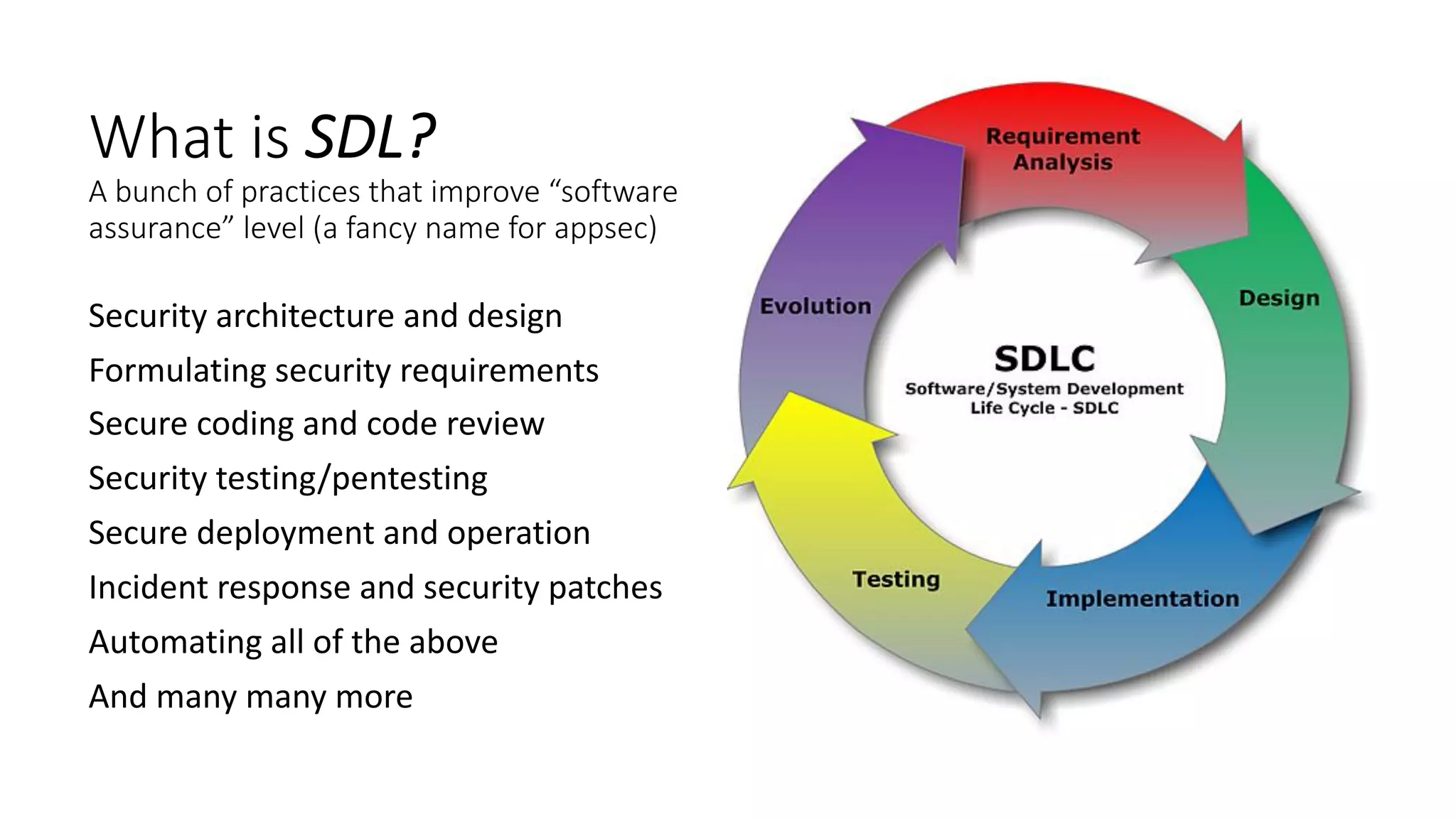 What is SDL?
A bunch of practices that improve “software
assurance” level (a fancy name for appsec)
Security architecture and design
Formulating security requirements
Secure coding and code review
Security testing/pentesting
Secure deployment and operation
Incident response and security patches
Automating all of the above
And many many more
 