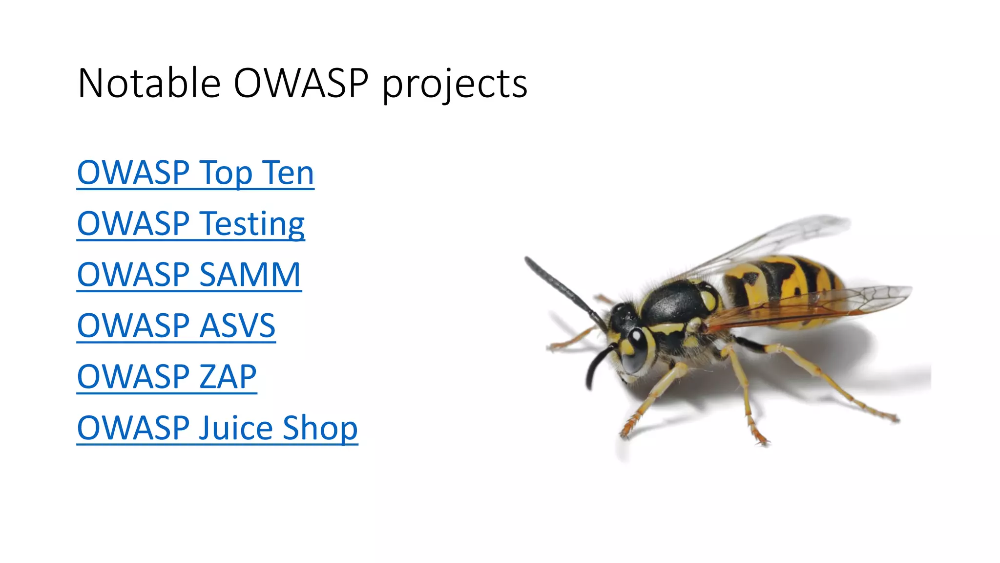 Notable OWASP projects
OWASP Top Ten
OWASP Testing
OWASP SAMM
OWASP ASVS
OWASP ZAP
OWASP Juice Shop
 