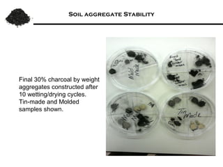 Soil aggregate Stability by Two methods




Display of soil aggregates
containing 30% charcoal;
constructed after 10
wetting/drying cycles.

Synthetic aggregates
constructed by wetting and
drying cycles (right) and
molded samples (left).
 