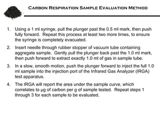 Carbon Respiration Sample Evaluation Method



1. Using a 1 ml syringe, pull the plunger past the 0.5 ml mark, then push
   fully forward. Repeat this process at least two more times, to ensure
   the syringe is completely evacuated.
2. Insert needle through rubber septum of respirometer containing
   aggregate sample. Gently pull the plunger back past the 1.0 ml mark,
   then push forward to extract exactly 1.0 ml of gas in sample tube.
3. In a slow, smooth motion, inject the full 1.0 ml sample into the injection
   port of the Infrared Gas Analyzer (IRGA).
4. The IRGA results are correlated to CO2 gas standards with accuracies
   of 1 microgram (µg). Repeat steps 1 through 3 for each sample to be
   evaluated.
 