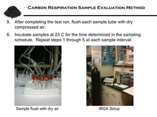 Carbon Respiration Sample Evaluation Method


5. After completing the test run, flush each sample tube with dry CO 2 free
   compressed air.
6. Incubate samples at 23 C for the time determined in the sampling
   schedule. Repeat steps 1 through 5 at each sample interval.




     Sample flushing manifold                  IRGA Setup
 