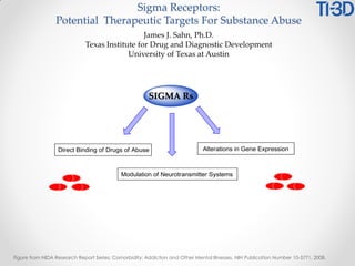 Sigma Receptors:
Potential Therapeutic Targets For Substance Abuse
Figure from NIDA Research Report Series: Comorbidity: Addiction and Other Mental Illnesses. NIH Publication Number 10-5771, 2008.
James J. Sahn, Ph.D.
Texas Institute for Drug and Diagnostic Development
University of Texas at Austin
SIGMA Rs
 