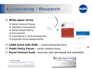 White paper series Social Venture Finance Legislative Innovations Social Impact Metrics Procurement Innovations in Fund Development Corporate Social Responsibility CURA Grant with OISE  - social enterprise focus Public Policy Forum  – social venture focus Social Venture Fund  – business plan developed and submitted 