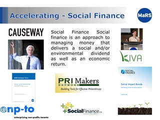 Social Finance Social finance is an approach to managing money that delivers a social and/or environmental dividend as well as an economic return. 