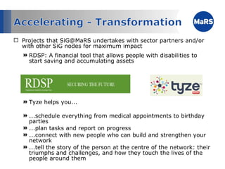 Projects that SiG@MaRS undertakes with sector partners and/or with other SiG nodes for maximum impact RDSP: A financial tool that allows people with disabilities to start saving and accumulating assets Tyze helps you... ...schedule everything from medical appointments to birthday parties ...plan tasks and report on progress ...connect with new people who can build and strengthen your network ...tell the story of the person at the centre of the network: their triumphs and challenges, and how they touch the lives of the people around them  