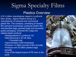 Sigma Specialty Films
                          Plastics Overview
A $1.4 billion manufacturer based in Lyndhurst,
New Jersey., Sigma Plastics Group is a
manufacturer of industrial and commercial
plastic film. The company, consisting of several
film extrusion businesses, produces stretch film,
merchandise bags, garment bags and converter-
grade packaging, industrial film, bags and
related plastic products
     •Headquartered in Lyndhurst, NJ
     •Manufacturing in 34 US sites,
           1 Canadian site
     •Approximately 5,000 employees
     •Produce 1.4 billion pounds of film annually
     •Produce over 20 billion plastics bags
     annually
     •One of the largest buyers of PE resin in the
     world
 