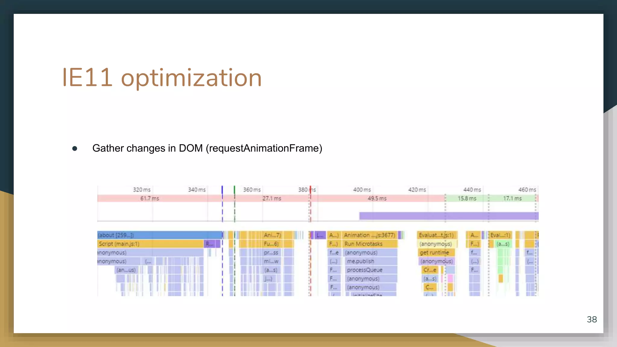IE11 optimization ● Gather changes in DOM (requestAnimationFrame) 38 