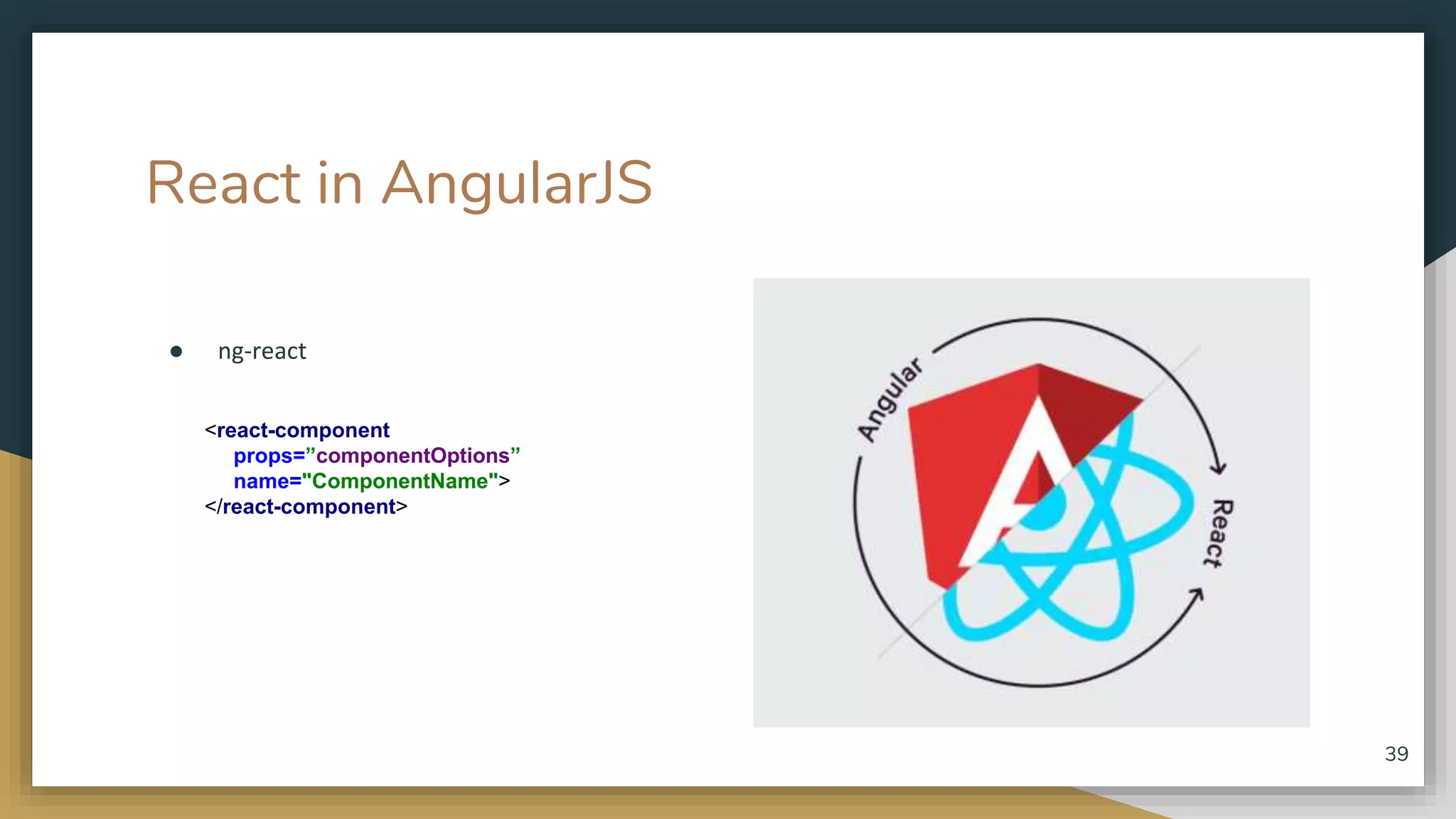 React in AngularJS ● ng-react 39 <react-component props=”componentOptions” name="ComponentName"> </react-component> 