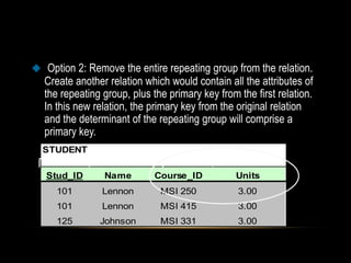  Option 2: Remove the entire repeating group from the relation.
  Create another relation which would contain all the attributes of
  the repeating group, plus the primary key from the first relation.
  In this new relation, the primary key from the original relation
  and the determinant of the repeating group will comprise a
  primary key.
  STUDENT

   Stud_ID      Name         Course_ID           Units
     101        Lennon        MSI 250            3.00
     101        Lennon        MSI 415            3.00
     125       Johnson        MSI 331            3.00
 