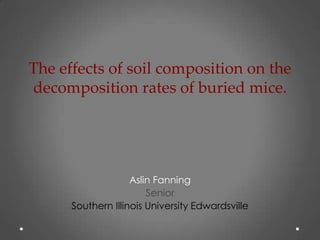 The effects of soil composition on the
decomposition rates of buried mice.




                    Aslin Fanning
                        Senior
      Southern Illinois University Edwardsville
 