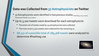 Data was Collected from 37 Astrophysicists on Twitter

• 37 Astrophysicists were identified in two previous studies

(Holmberg, 2013, in press;

Holmberg & Thelwall, 2013, in press).

• Up to 3,200 tweets were download for each astrophysicist
•
•

The entire set of tweets made by 25 astrophysicists were collected

The most recent 3,200 tweets were collected for the remaining 12

• 68,232 of a possible total of 289,368 tweets were analyzed to
determine #hashtag use

 