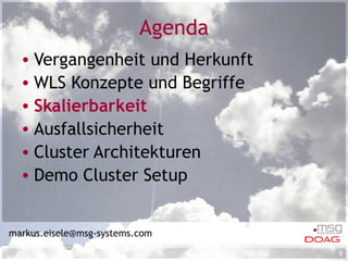 Agenda Vergangenheit und Herkunft WLS Konzepte und Begriffe Skalierbarkeit  Ausfallsicherheit Cluster Architekturen Demo Cluster Setup [email_address] 