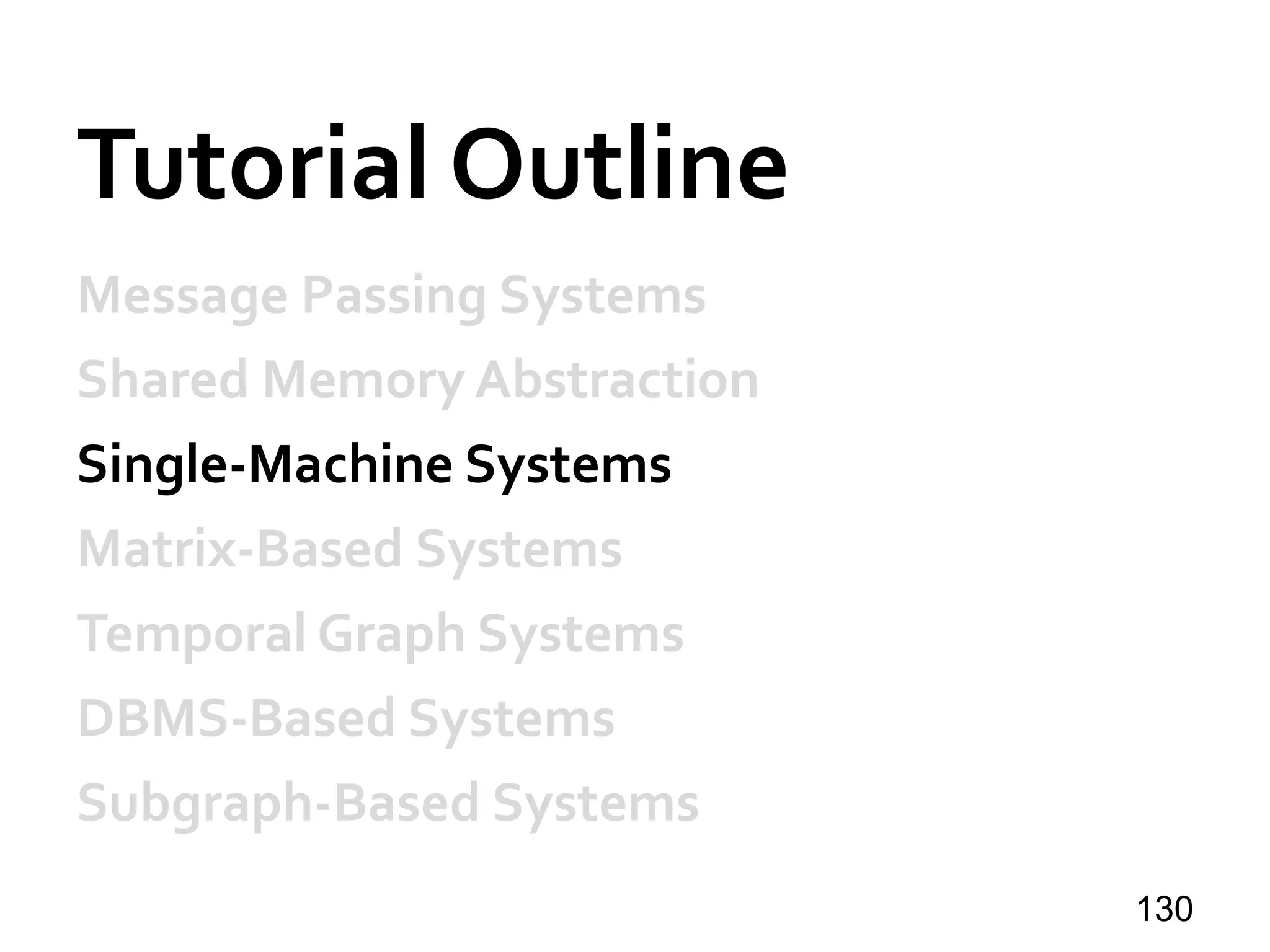 Tutorial Outline
Message Passing Systems
Shared Memory Abstraction
Single-Machine Systems
Matrix-Based Systems
Temporal Graph Systems
DBMS-Based Systems
Subgraph-Based Systems
130
 