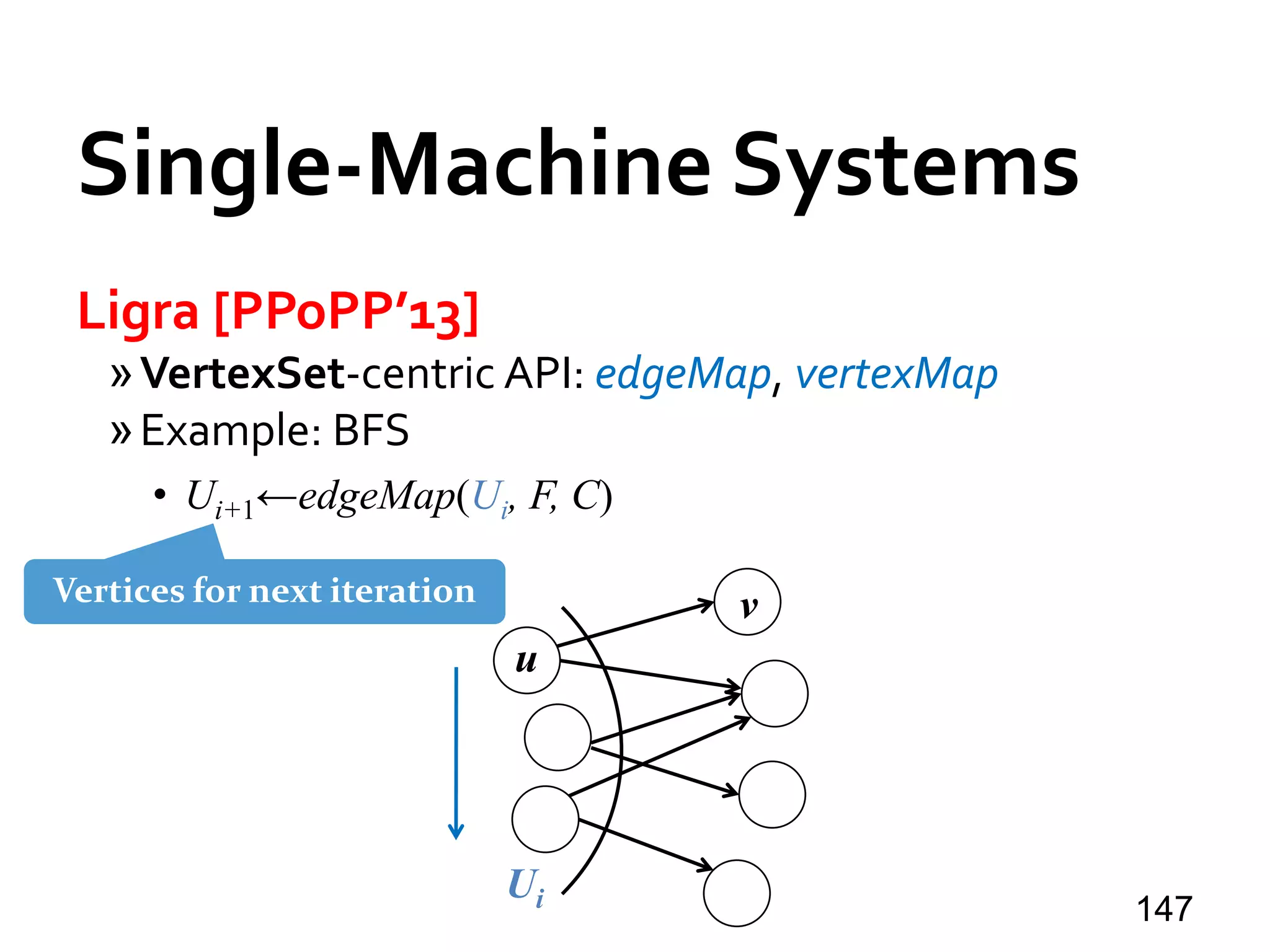 Single-Machine Systems
Ligra [PPoPP’13]
»VertexSet-centric API: edgeMap, vertexMap
»Example: BFS
• Ui+1←edgeMap(Ui, F, C)
147
u
v
Ui
Vertices for next iteration
 