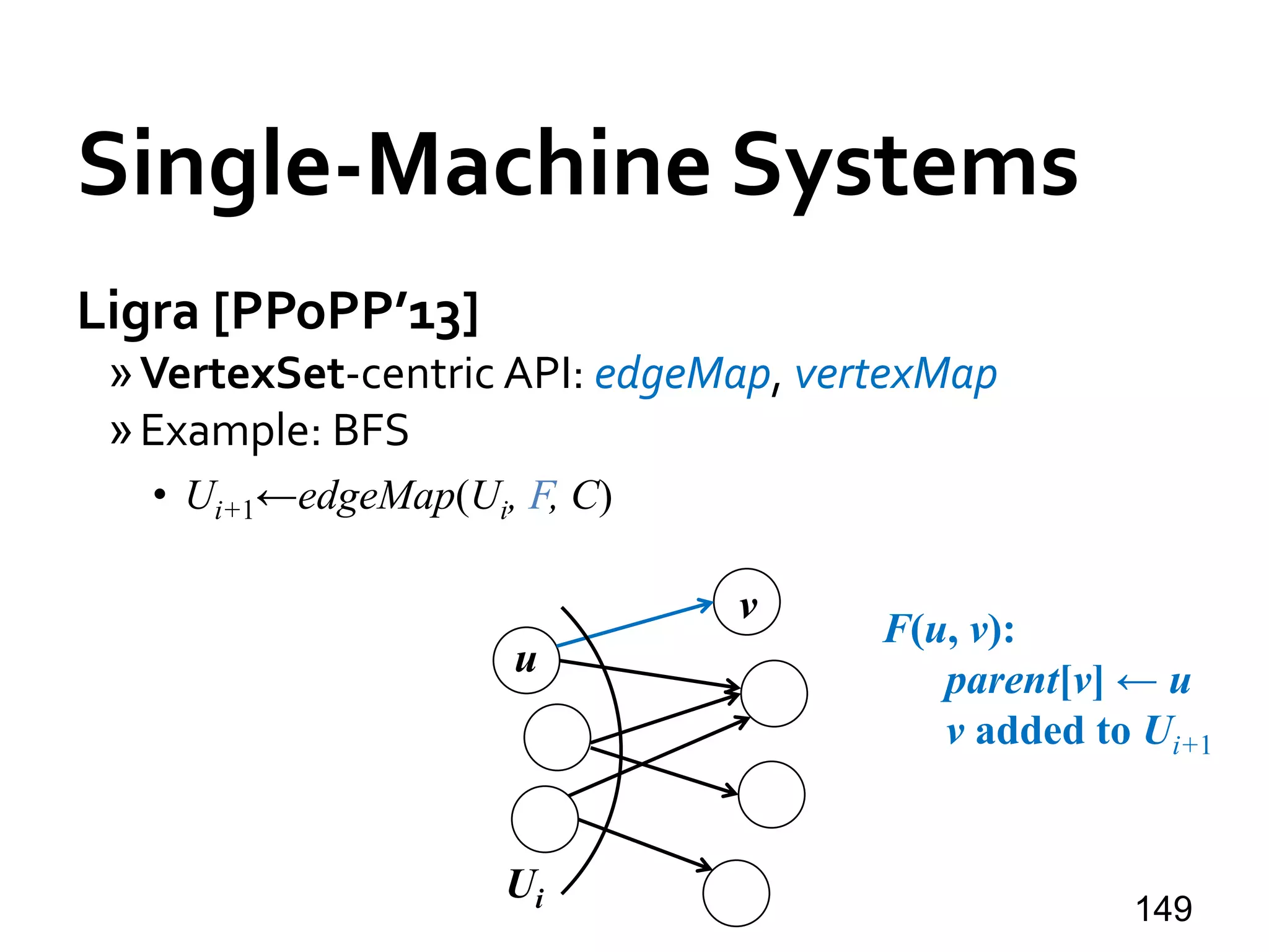 Single-Machine Systems
Ligra [PPoPP’13]
»VertexSet-centric API: edgeMap, vertexMap
»Example: BFS
• Ui+1←edgeMap(Ui, F, C)
149
u
v
Ui
F(u, v):
parent[v] ← u
v added to Ui+1
 