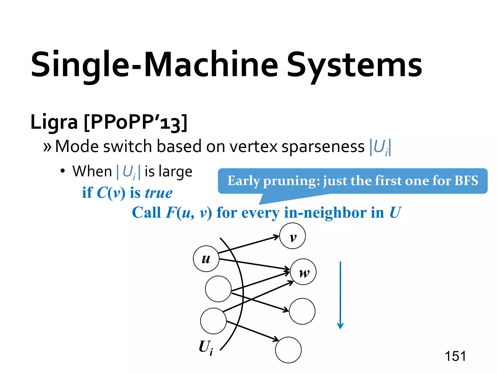 Single-Machine Systems
Ligra [PPoPP’13]
»Mode switch based on vertex sparseness |Ui|
• When | Ui | is large
151
u
v
Ui
w
if C(v) is true
Call F(u, v) for every in-neighbor in U
Early pruning: just the first one for BFS
 
