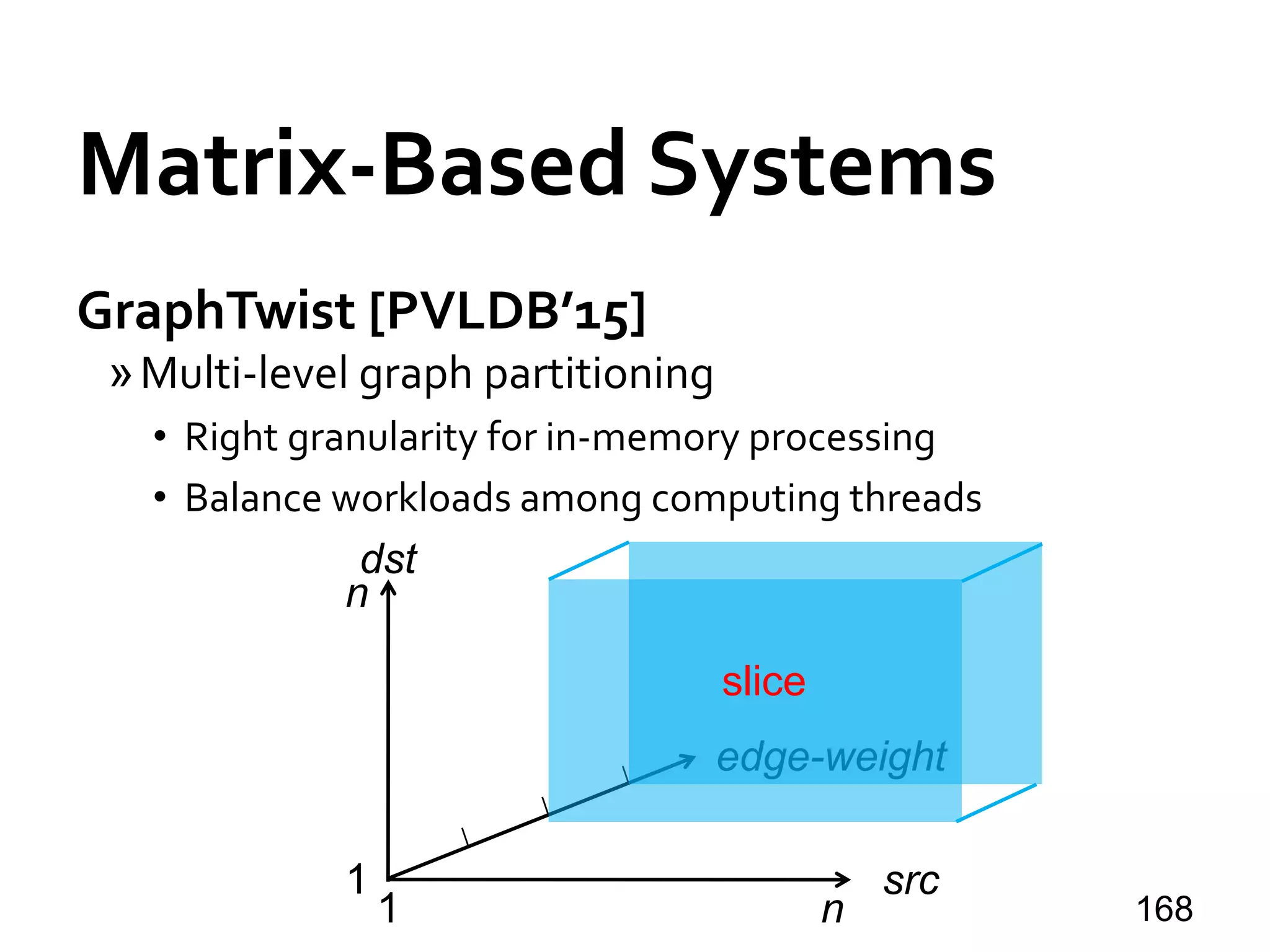 Matrix-Based Systems
GraphTwist [PVLDB’15]
»Multi-level graph partitioning
• Right granularity for in-memory processing
• Balance workloads among computing threads
1681 n
src
dst
1
n
edge-weight
slice
 