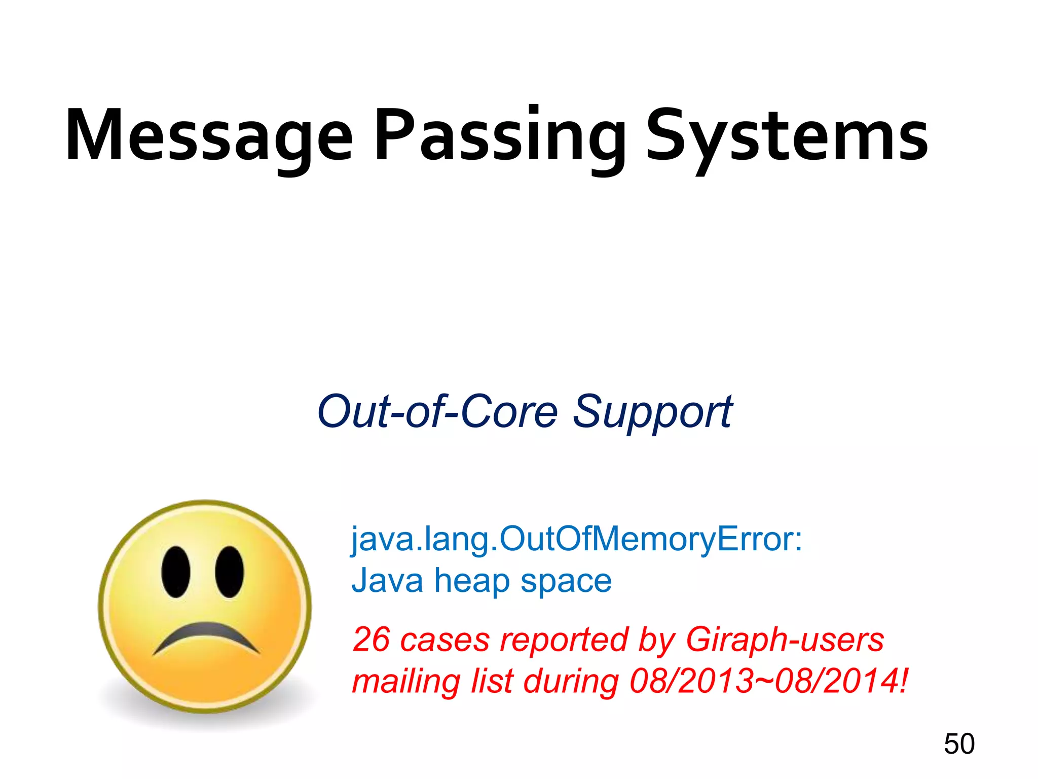 Message Passing Systems
50
Out-of-Core Support
java.lang.OutOfMemoryError:
Java heap space
26 cases reported by Giraph-users
mailing list during 08/2013~08/2014!
 