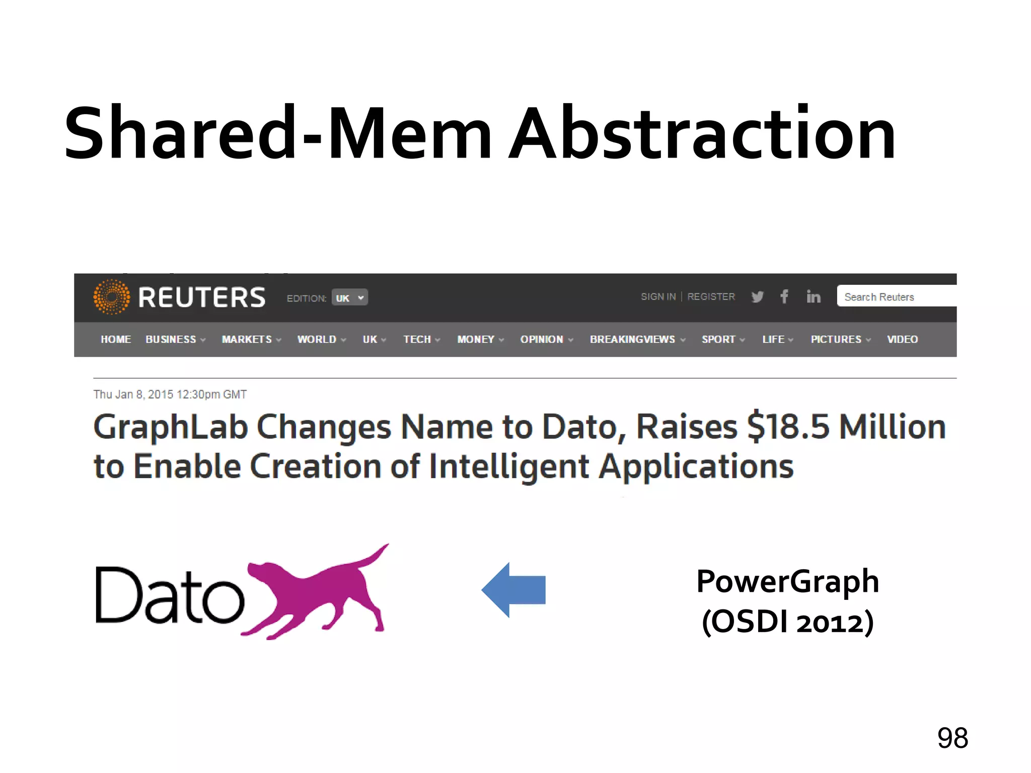 Shared-Mem Abstraction
98
Single Machine
(UAI 2010)
Distributed GraphLab
(PVLDB 2012)
PowerGraph
(OSDI 2012)
 