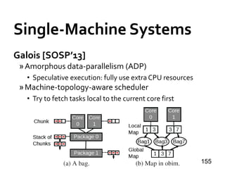 Single-Machine Systems
Galois [SOSP’13]
»Amorphous data-parallelism (ADP)
• Speculative execution: fully use extra CPU resources
»Machine-topology-aware scheduler
• Try to fetch tasks local to the current core first
155
 