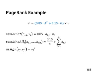 PageRank Example
𝑣′ = 0.85 ∙ 𝐴 𝑇
+ 0.15 ∙ 𝑈 × 𝑣
𝒄𝒐𝒎𝒃𝒊𝒏𝒆𝟐 𝑎𝑖,𝑗, 𝑣𝑗 = 0.85 ∙ 𝑎𝑖,𝑗 ∙ 𝑣𝑗
𝒄𝒐𝒎𝒃𝒊𝒏𝒆𝑨𝒍𝒍𝒊 𝑥𝑖,1, … , 𝑥𝑖,𝑛 =
0.15
𝑛
+
𝑖=1
𝑛
𝑥𝑖,𝑗
𝒂𝒔𝒔𝒊𝒈𝒏 𝑣𝑗, 𝑣𝑗′ = 𝑣𝑗′
188
 