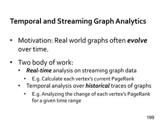 Temporal and Streaming Graph Analytics
• Motivation: Real world graphs often evolve
over time.
• Two body of work:
• Real-time analysis on streaming graph data
• E.g. Calculate each vertex’s current PageRank
• Temporal analysis over historical traces of graphs
• E.g. Analyzing the change of each vertex’s PageRank
for a given time range
199
 