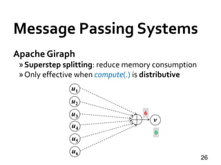 Message Passing Systems
26
Apache Giraph
»Superstep splitting: reduce memory consumption
»Only effective when compute(.) is distributive
u1
u2
u3
u4
u5
u6
v
0
6
 
