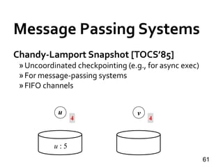 Message Passing Systems
61
Chandy-Lamport Snapshot [TOCS’85]
»Uncoordinated checkpointing (e.g., for async exec)
»For message-passing systems
»FIFO channels
u v
u : 5
4 4
 
