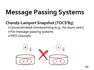 Message Passing Systems
62
Chandy-Lamport Snapshot [TOCS’85]
»Uncoordinated checkpointing (e.g., for async exec)
»For message-passing systems
»FIFO channels
u v
u : 5 v : 4
4 4
 