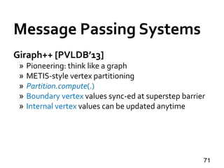 Message Passing Systems
71
Giraph++ [PVLDB’13]
» Pioneering: think like a graph
» METIS-style vertex partitioning
» Partition.compute(.)
» Boundary vertex values sync-ed at superstep barrier
» Internal vertex values can be updated anytime
 