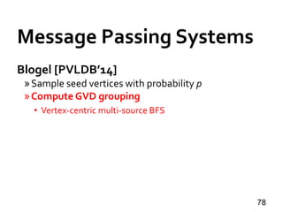 Blogel [PVLDB’14]
»Sample seed vertices with probability p
»Compute GVD grouping
• Vertex-centric multi-source BFS
78
Message Passing Systems
 