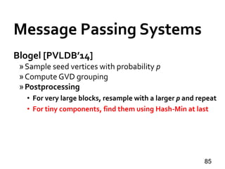 Blogel [PVLDB’14]
»Sample seed vertices with probability p
»Compute GVD grouping
»Postprocessing
• For very large blocks, resample with a larger p and repeat
• For tiny components, find them using Hash-Min at last
85
Message Passing Systems
 