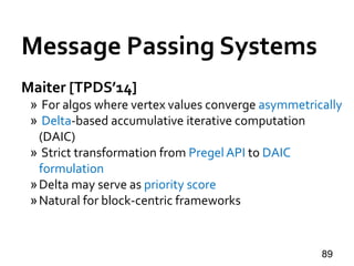 Maiter [TPDS’14]
» For algos where vertex values converge asymmetrically
» Delta-based accumulative iterative computation
(DAIC)
» Strict transformation from Pregel API to DAIC
formulation
»Delta may serve as priority score
»Natural for block-centric frameworks
89
Message Passing Systems
 