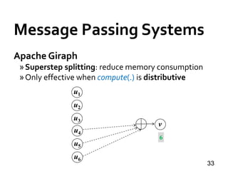 Message Passing Systems
33
Apache Giraph
»Superstep splitting: reduce memory consumption
»Only effective when compute(.) i...