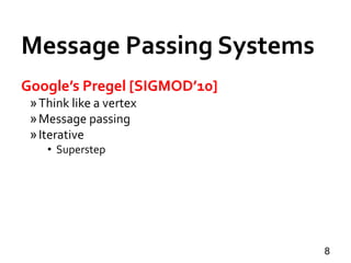 Message Passing Systems
8
Google’s Pregel [SIGMOD’10]
»Think like a vertex
»Message passing
»Iterative
• Superstep
 